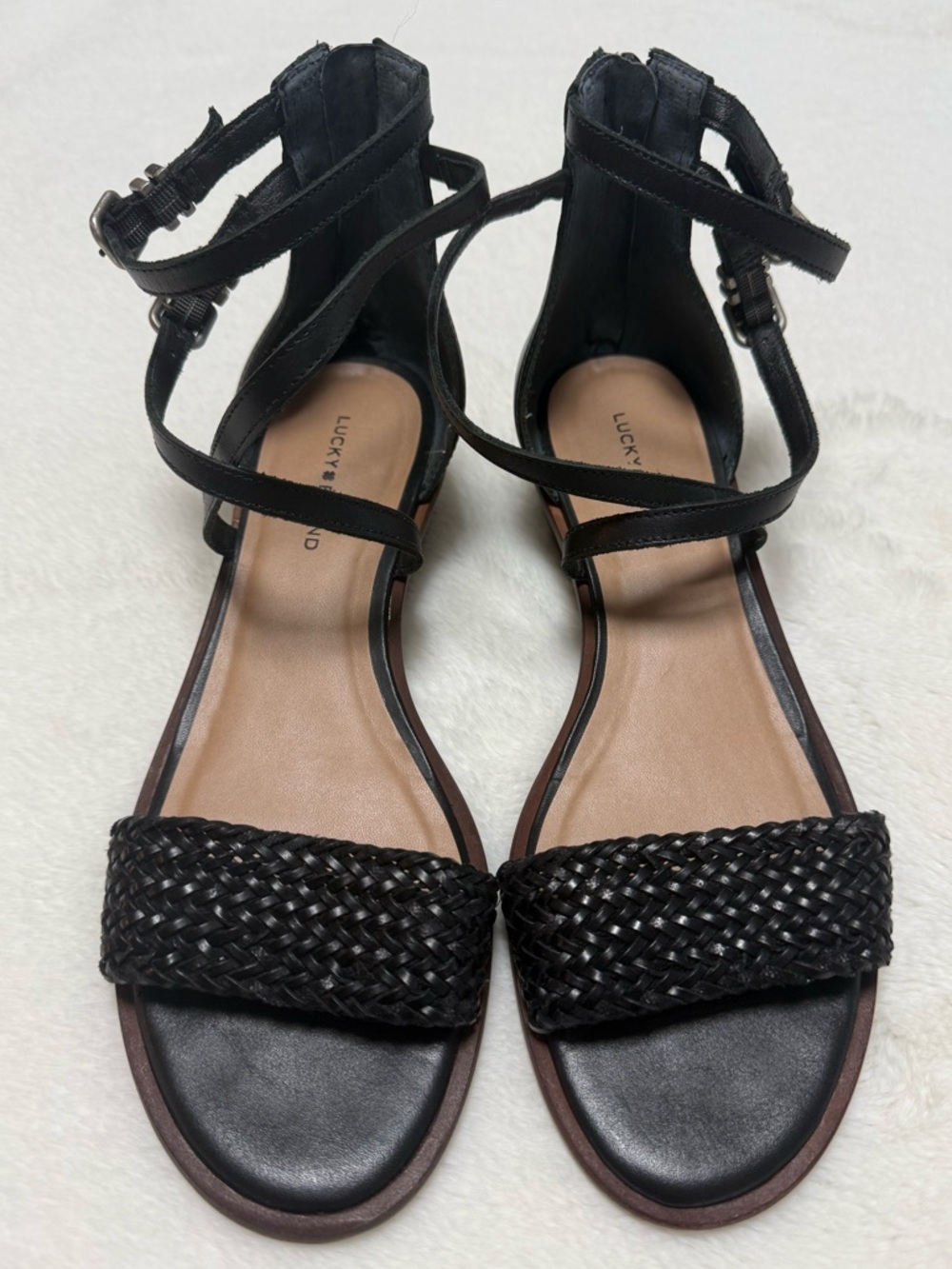 LUCKY BRAND Woven Strap Ankle Wrap Sandals Black Size 7 GUC